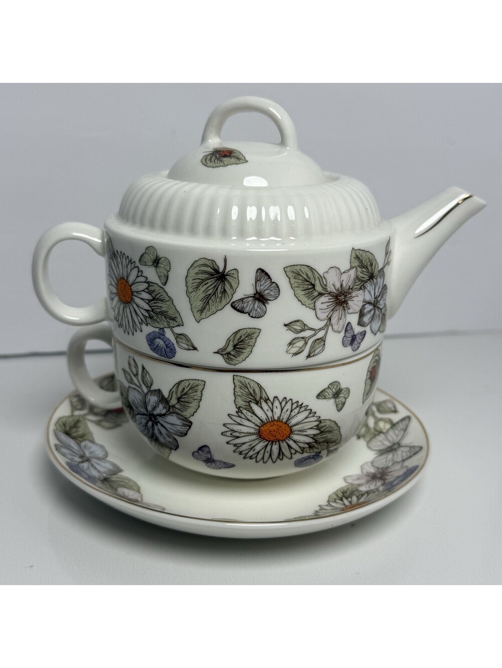 Grace Teaware Teapot Butterfly Cup Set Porcelain Tea For One Floral Fairy Gift